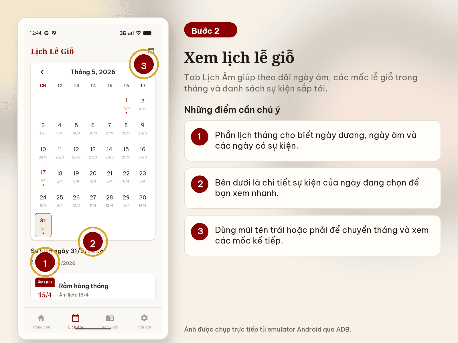 Màn hình lịch âm và danh sách lễ giỗ trong Sổ tay gia tiên
