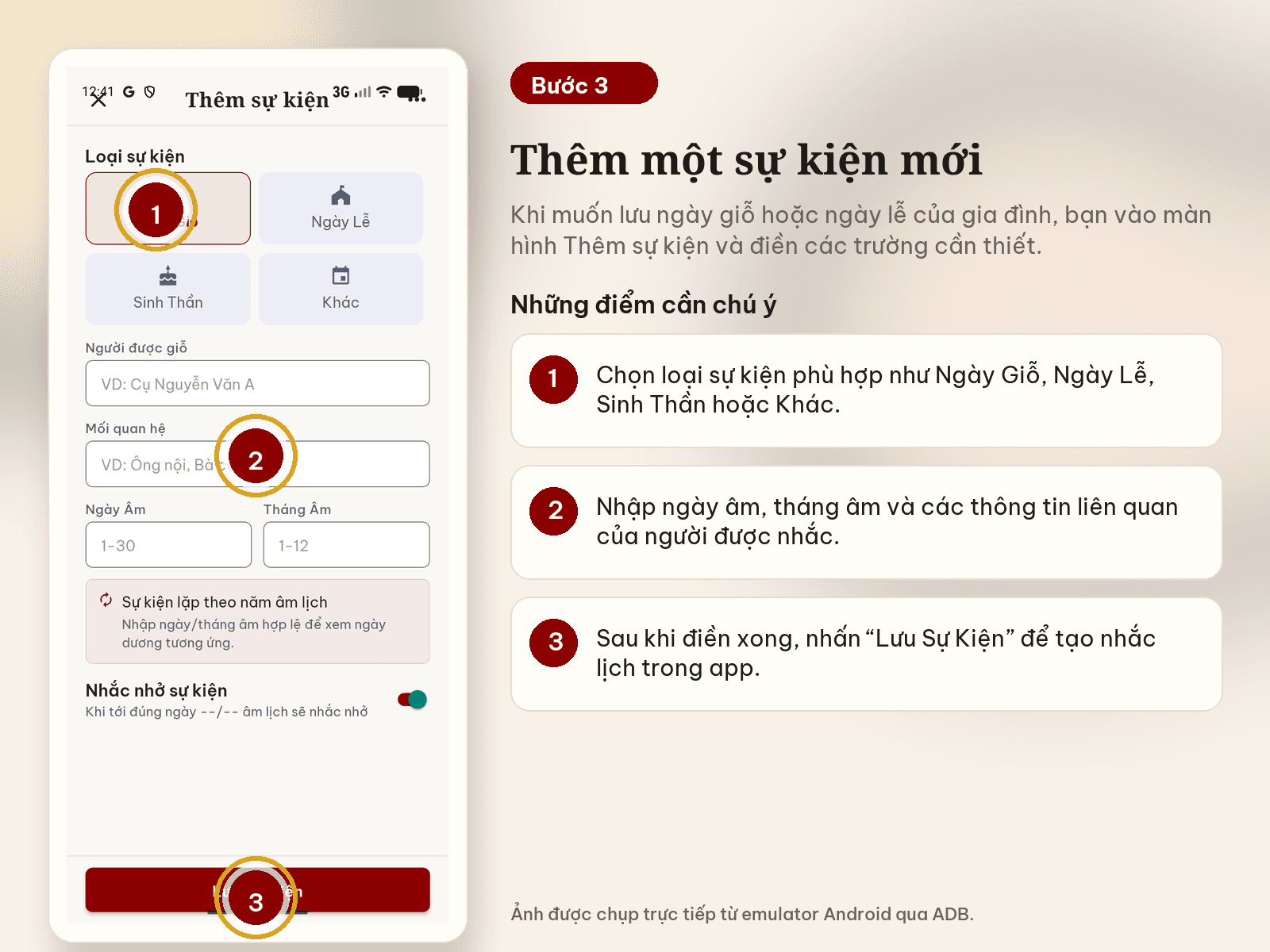 Màn hình thêm sự kiện âm lịch trong Sổ tay gia tiên