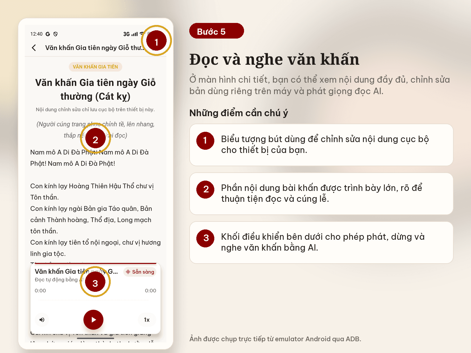 Màn hình đọc văn khấn cùng thanh phát giọng đọc AI